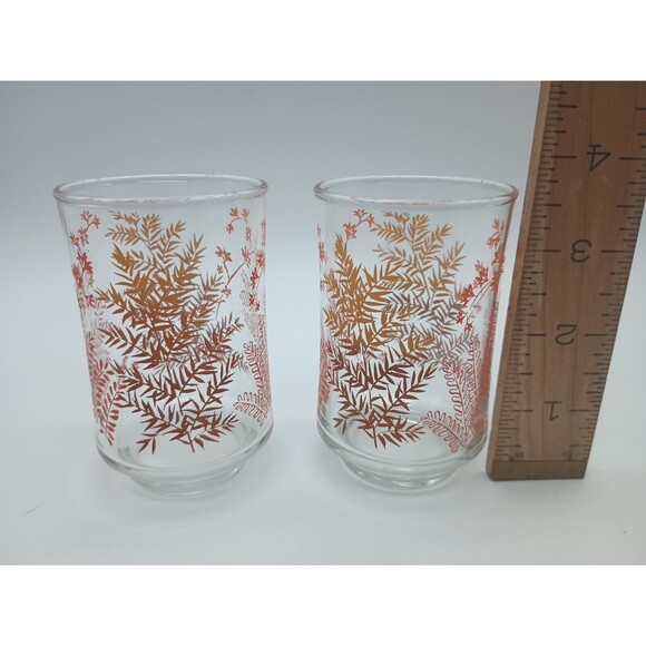 VTG Libbey Juice Glass 3.75" Embossed Orange Brown Fern Leaves Set Of 2 - Picture 3 of 4